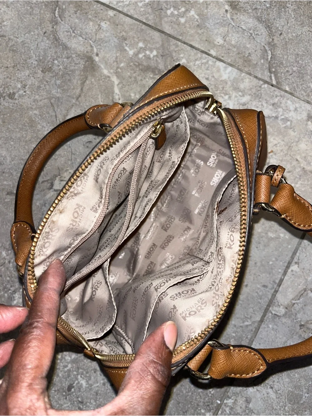 Michael Kors Cognac Leather Saffiano Satchel with Gold MK Charm